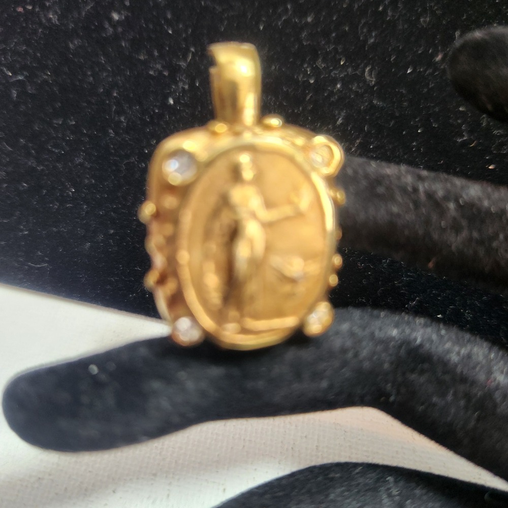 Vintage Gold Tone Goddess Medallion Pendant Crystal Accents Classical Myth Dove